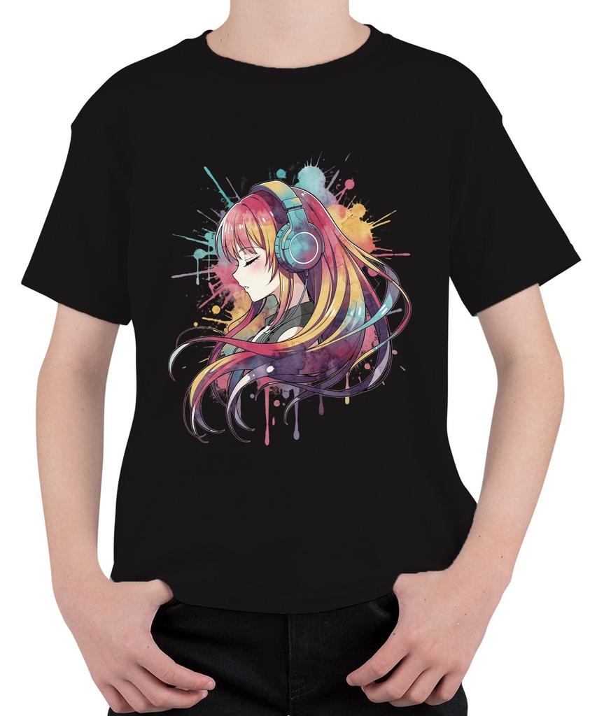 Anime Girls Headphones Music Watercolor Kawaii Manga Japan Otaku Kids T-Shirt