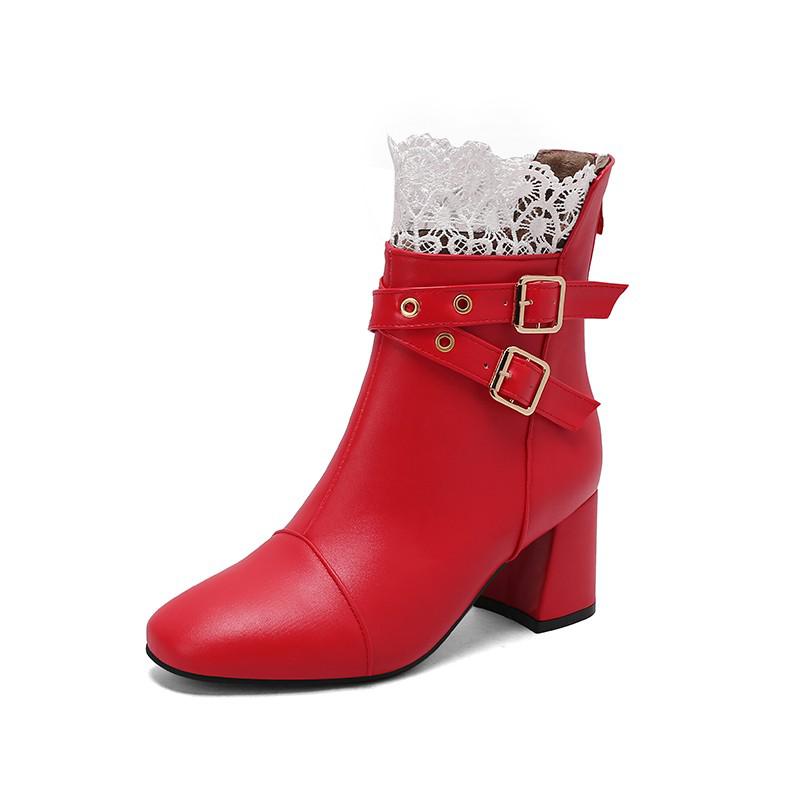 Pink Red White Gilrs Sweet Wedding Shoes Women Round Toe Belt Buckle High Heels Zipper Lady Party Ankle Booties Large Size 47 48