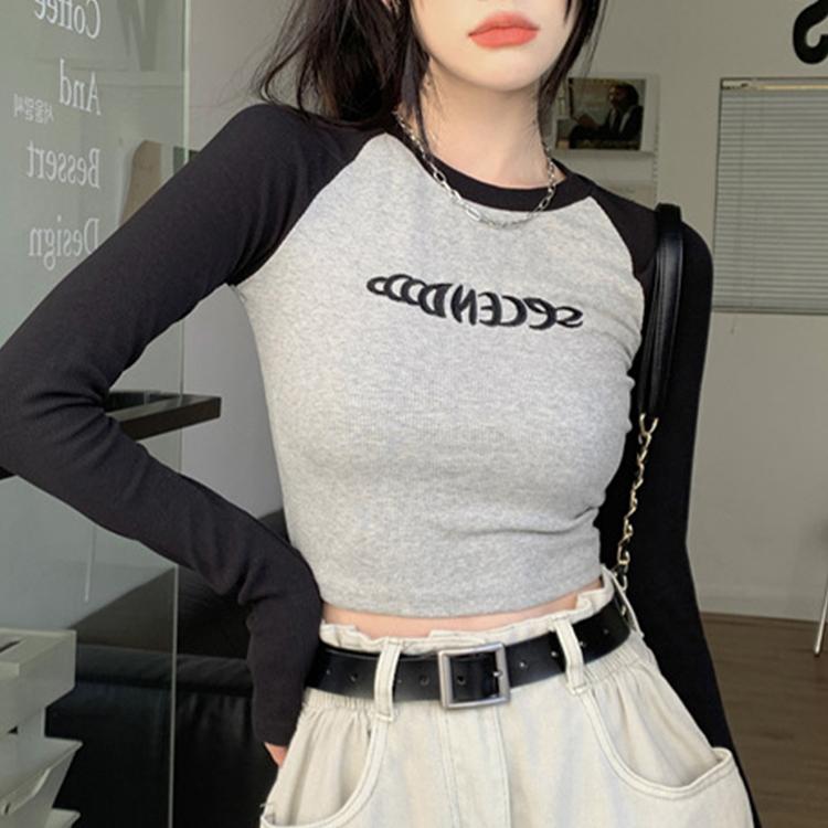 Футболка с буквенным принтом, женские весенние лоскутные топы с длинными рукавами, укороченный топ контрастного цвета в стиле ретро, ​​обтягивающий топ для девочек Y2K