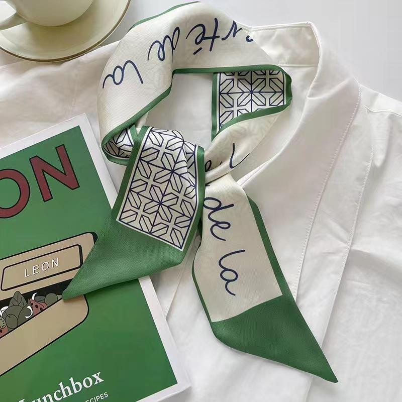 Маленький белый и нежно-зеленый шелковый шарф для женщин, тонкая лента, повязка на голову, резинка для волос, украшение для сумки, длинный