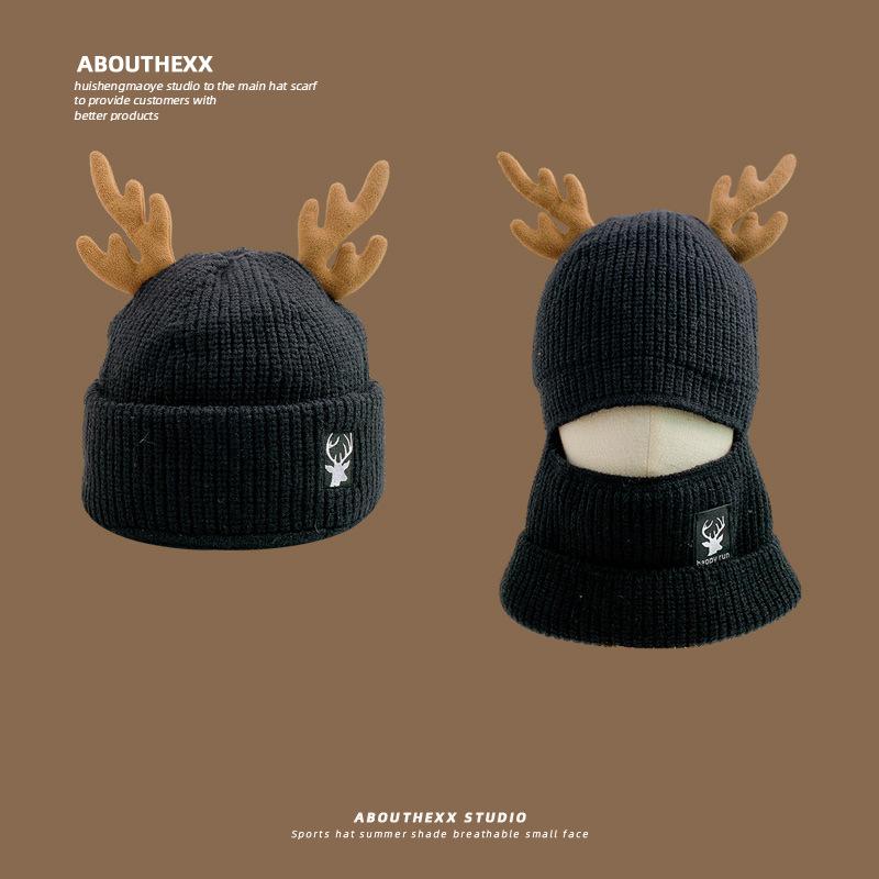 Christmas cute antlers red hat women's winter warm scarf thickened wool hat cold protection ear protection knitted hat