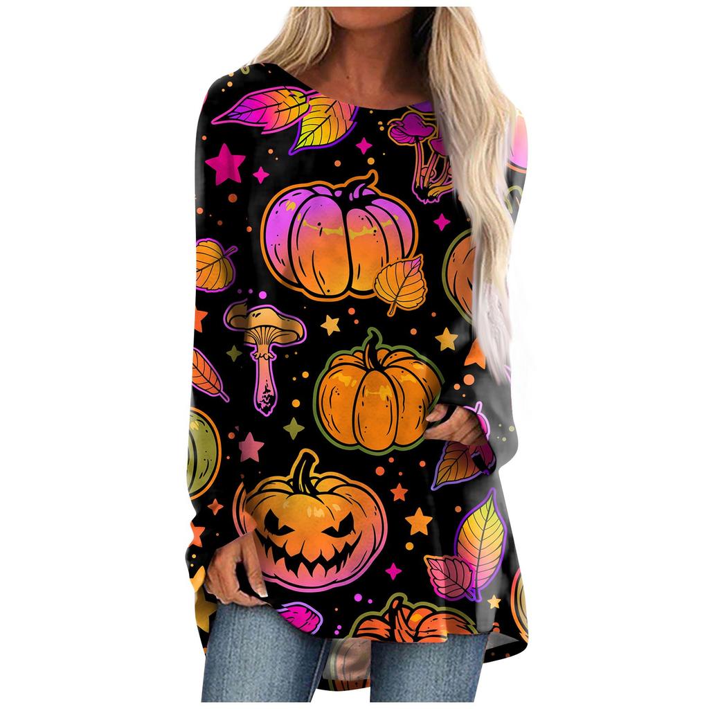Women's Fashion Casual Long Sleeve Halloween Print Round Neck Pullover Top Blouse