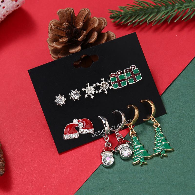 Christmas Stud Earrings Combination New Cartoon Holiday Alloy Dripping Elk Old Man Bell Earrings Set