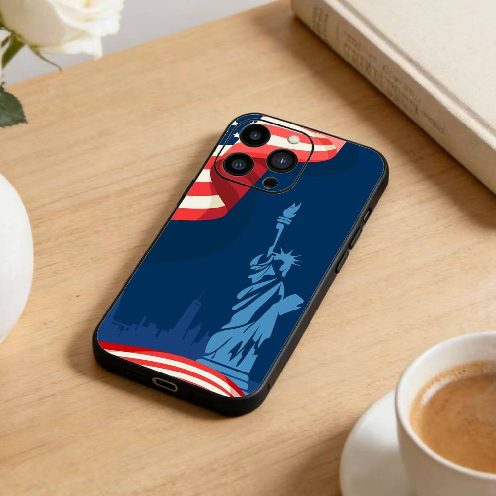 Чехол для телефона Статуя Свободы Флаг Америки США Для iPhone 17 16 15 14 13 12 Max Plus Силиконовый Черный Чехол
