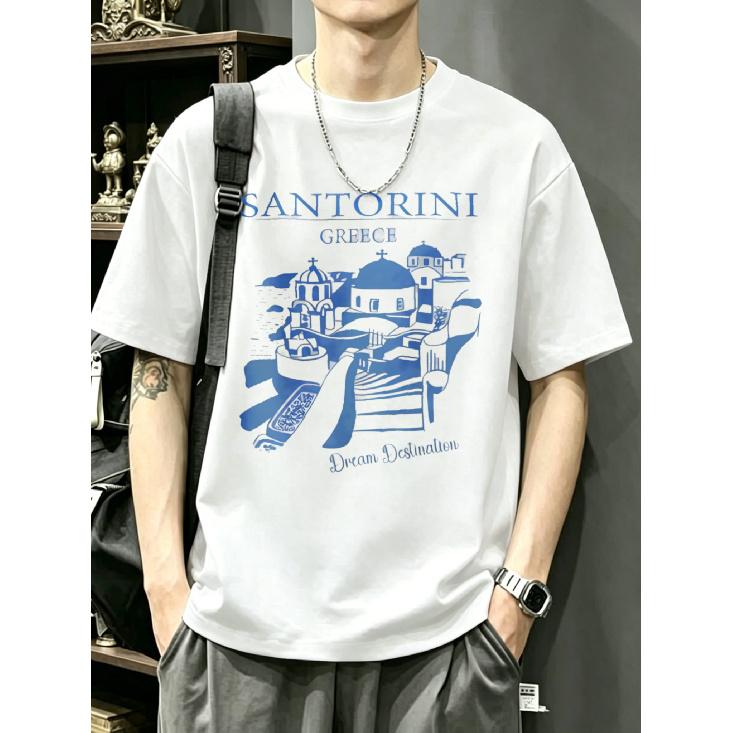 Santorini Greece T Shirt White Santorini Island Blue Print Dream Destination Graphic Tee Men Casual Summer Travel Wear