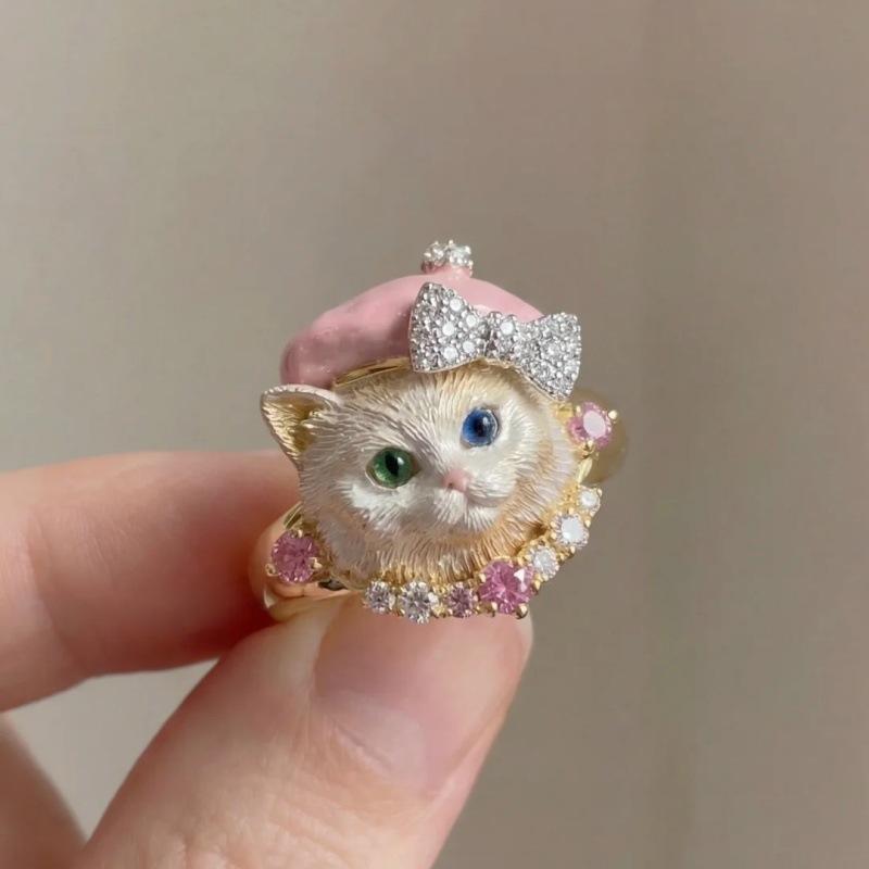 3D Puppy Kitten Ring Adorable Crown Bow Enamel Animal Design Perfect for Women Jewelry Gifts