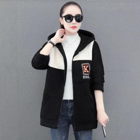 Женское осенне-зимнее пальто из толстого флиса с цветными блоками, длинными рукавами, карманами с капюшоном, средней длины, кардиган на молнии, теплая свободная женская куртка