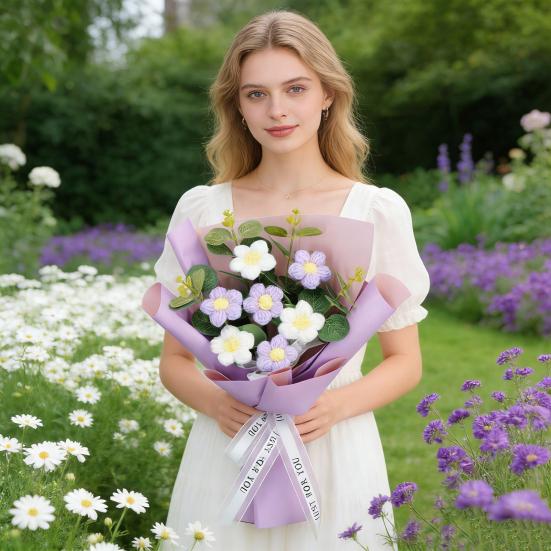 Искусственные цветы Ручной работы Вязаный крючком букет цветов Мягкая хлопковая пряжа Не требует ухода Гибкие стебли Искусственный цветок День святого Валентина Свадебное украшение