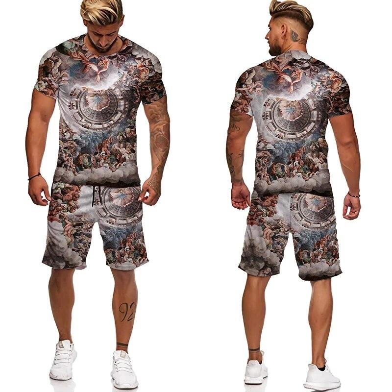 Новые мужские футболки с 3D принтом, шорты, винтажный топ, мужская футболка с короткими рукавами и круглым вырезом, летние комплекты футболок большого размера, мужской спортивный костюм
