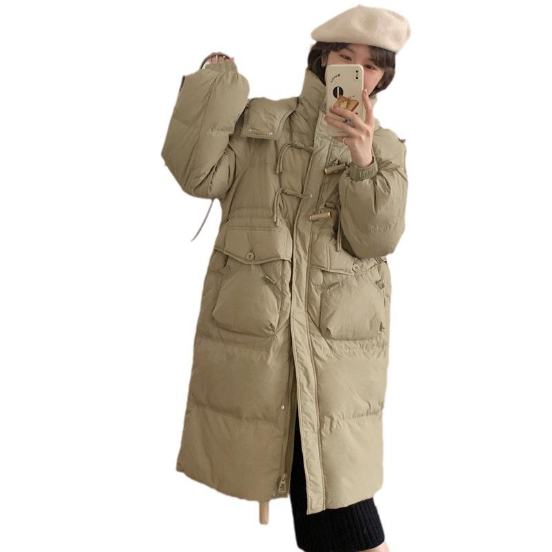 Women's Long Loose Light Down Jacket Autumn Winter Hooded Straight White Duck Down Coat Stand Collar Big Pocket Solid Color
