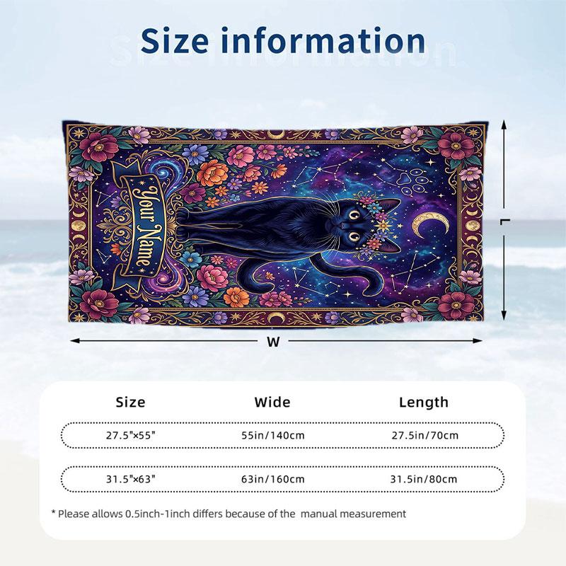 Cosmic Cat Dreams Theme Quick Dry Beach Towel Custom Name Text Print Large Sand Resistant Towel Beach Vacation