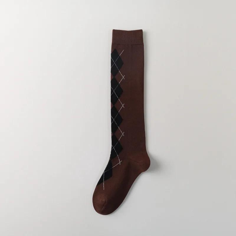 Осень/Зима Ромбовидные высокие носки Жаккардовые чулки Хлопковые носки Носки College Wind для девочек Ворсовые носки Серые носки JK Retro из телячьей шерсти