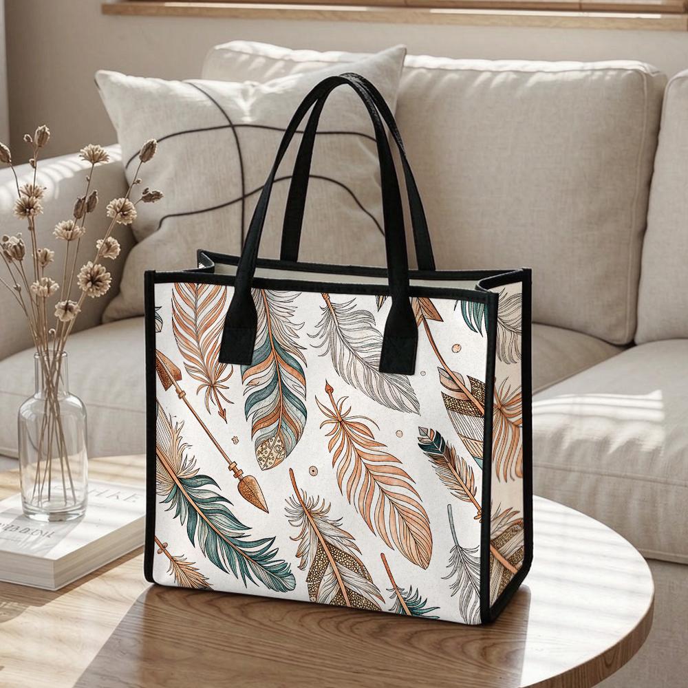 Bohemian Feather Print Tote Bag Casual Stylish Women Daily Shoulder Bag for Shopping Commute