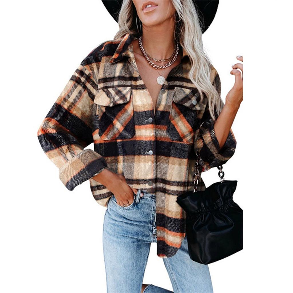 Женские клетчатые рубашки с начесом, фланелевая куртка с длинными рукавами и лацканами на пуговицах и карманами, фланелевая куртка, пальто
