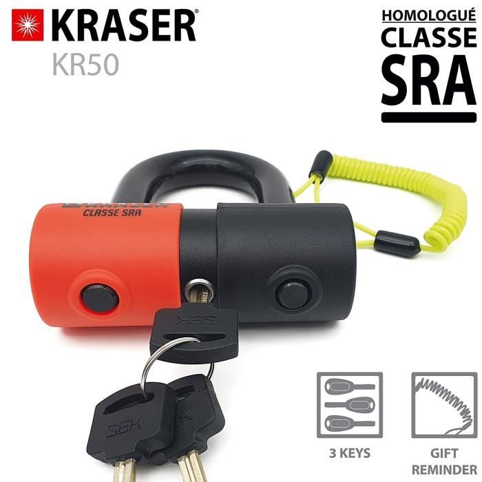 KRASER KR50 Antivol Moto Homologué SRA Bloque Disque Mini U 18mm Double Verrouillage Blindé, Cadeau Câble Rappel, Mesure Intérieure