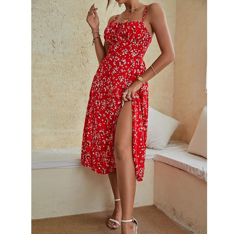 Летние женские платья для отдыха Slim Fit без рукавов с высокой талией, длинное платье А-силуэта с цветочным принтом и разрезом
