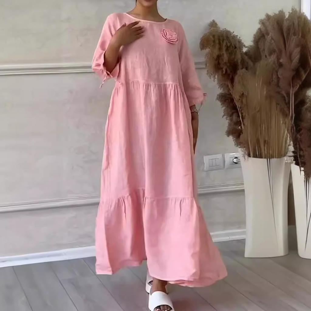 Женское однотонное повседневное длинное платье с круглым вырезом и длинными рукавами на шнуровке на шнуровке больших размеров