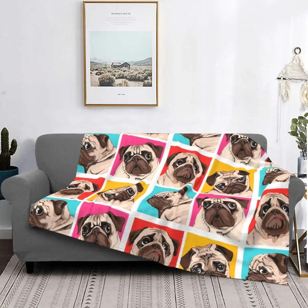 Four Portrait Of A Pugs Pop Art Style Blankets Flannel Summer Dog Thin Throw Blankets for Bedding Bedroom Bedspreads