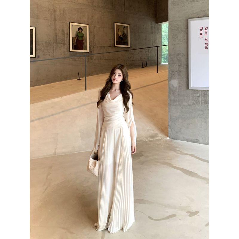 Kumikumi Модный костюм Элегантный отложной воротник Рубашка с длинными рукавами Женский Осенний С высокой талией Приталенный Широкие брюки Набор из двух предметов