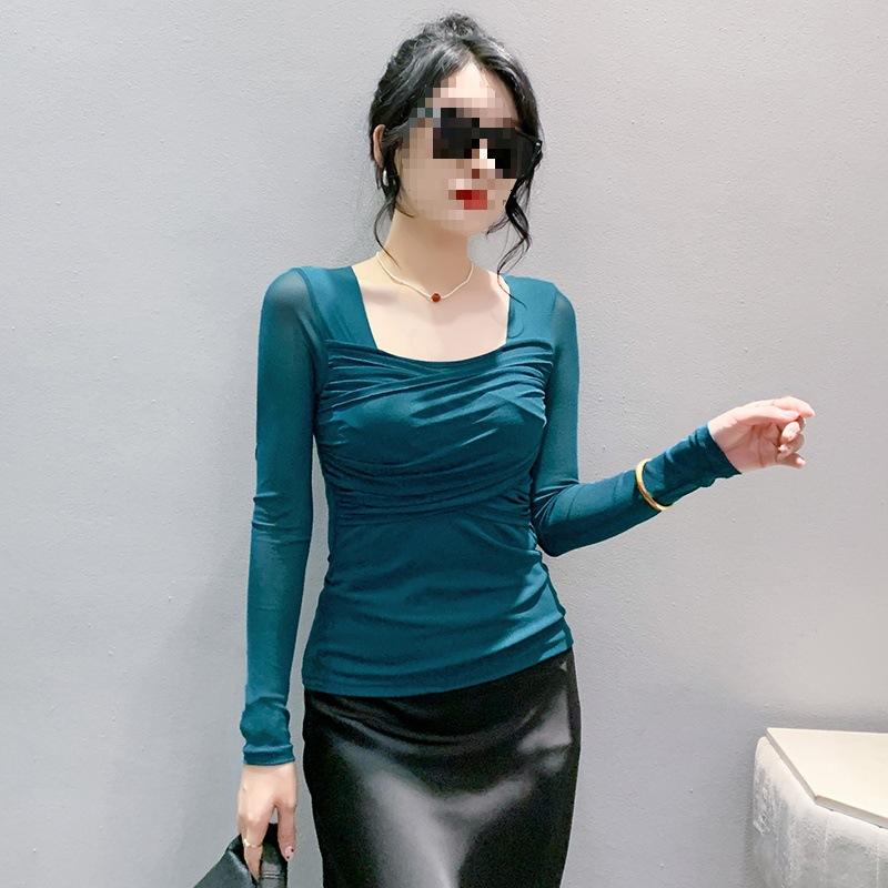 New Spring Clothing Slim Sexy Mesh Pleated Square Collar Long-sleeved T-shirt Women's Pullover Base Shirt