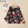 Women Casual Round Neck 3/4 Sleeve Loose Floral Blouse