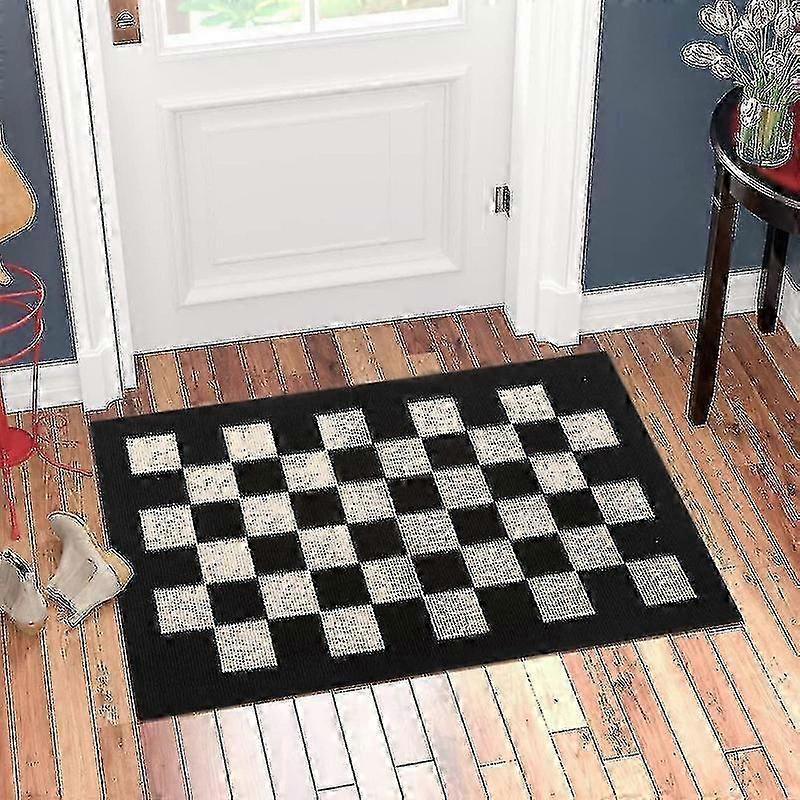 Indoor Doormat Front Door Carpet, 50cm X 80cm Non Slip Washable Checkered Bibulous Entrance Carpet, Black