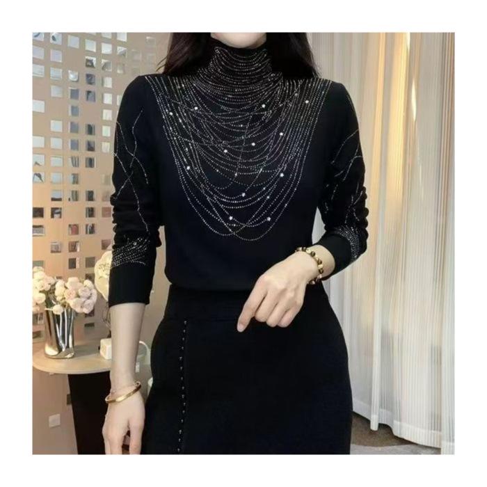 Модный приталенный женский топ с длинным рукавом и полувысоким воротником на осень/зиму