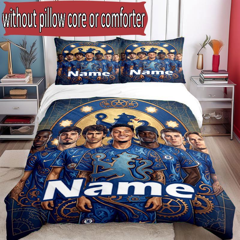 3pcs Duvet Cover Set (1*Duvet Cover + 2*Pillowcase, Without Core), Custom Name Chelsea Football Club Pattern Bedding Set, Home Bedroom Decor Gift