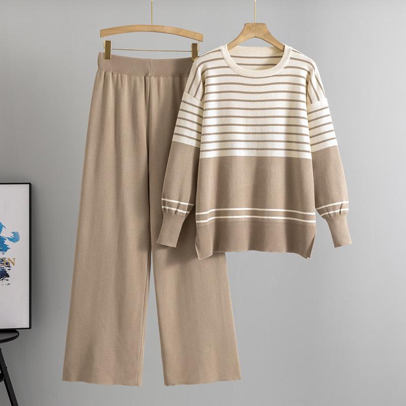 Плюс размер женский весенний новый полосатый вязаный свитер свободный повседневный модный комплект из двух предметов