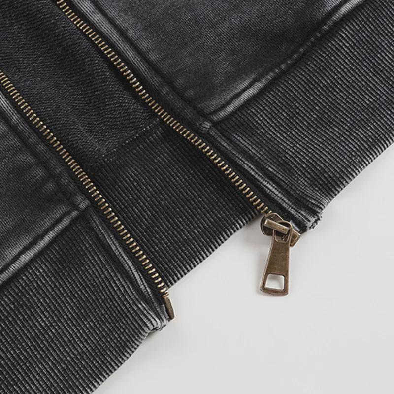 Толстовка с капюшоном из махровой ткани с потертостями на молнии, плотностью 350 г, большой размер, спущенное плечо, хлопок в стиле ретро