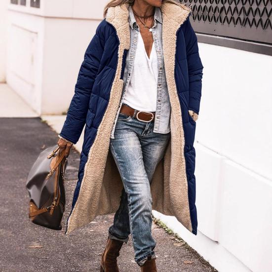 Women Winter Coat with Hood Padded Plush Lined Double-sided Wearable Outerwear Warm Large Pocket Zipper Closure Mid Length Overcoat