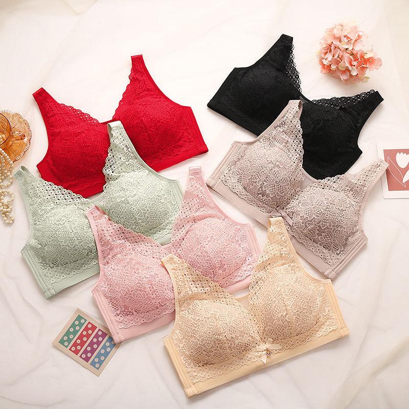 Women's Large Size Bras Ultra-thin Lace Underwireless Bras Breathable Gathered Adjustment Large Cup Bras