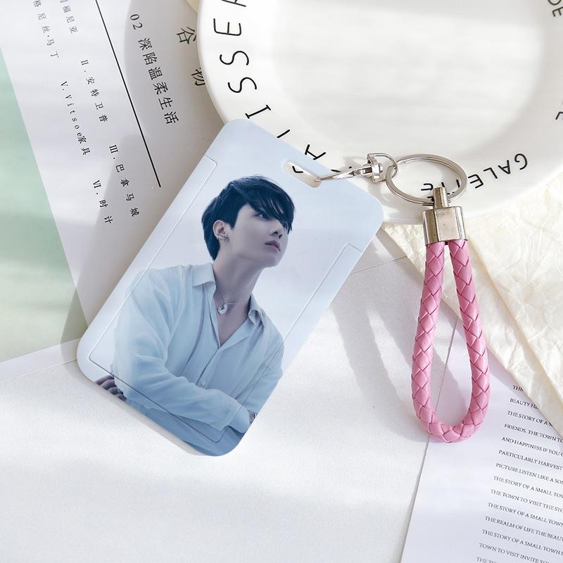 BTS Sliding Photocard Holder, Protective ID Badge Card Case with Braided Keychain Strap, Student Campus Bus Meal Card Protector Merch for ARMY