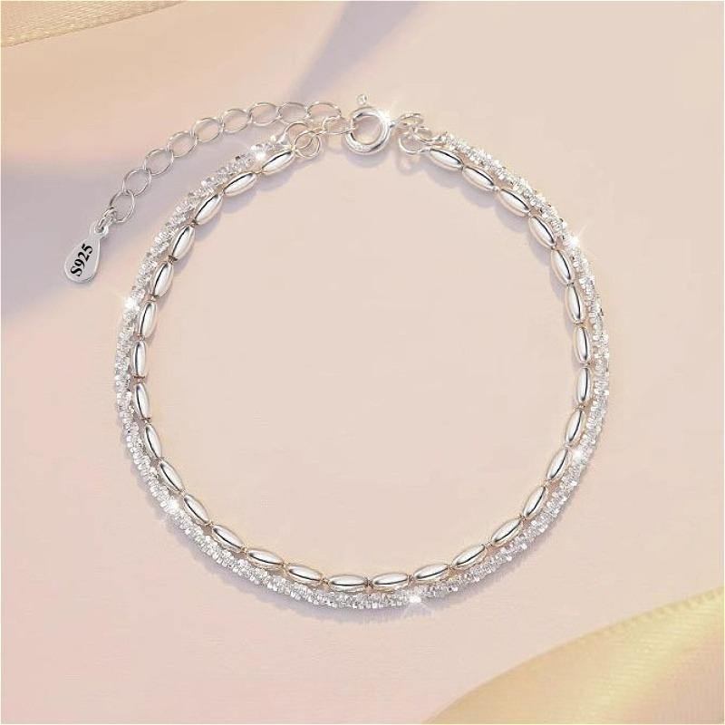 Sparking Double Layer Bracelets for Women Girls Vintage 925 Sterling Copper Small Beads Chain Bracelet Daily Wear Zircon Gifts