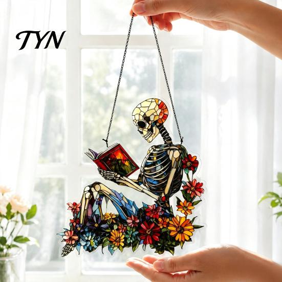 Gothic Aesthetic Room Decor Stained Glass Skull Suncatcher, Acrylic Colorful Window Hanging Wall Art Transparent with Butterfly Mushroom Pattern,