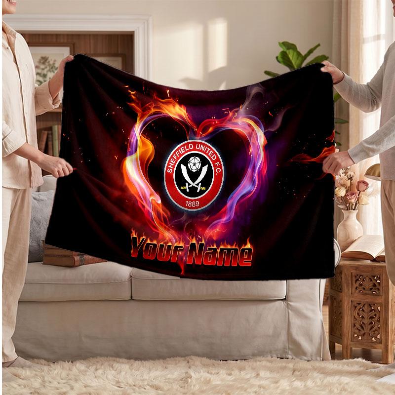Sheffield United FC Personalized Fleece Blanket With Football Logo, Custom Name Text Soft Warm Home Throw Blanket