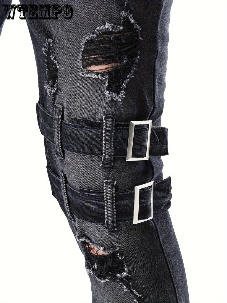 Men's Casual Skinny Biker Jeans, Chic Street Style Medium Stretch Denim Pants