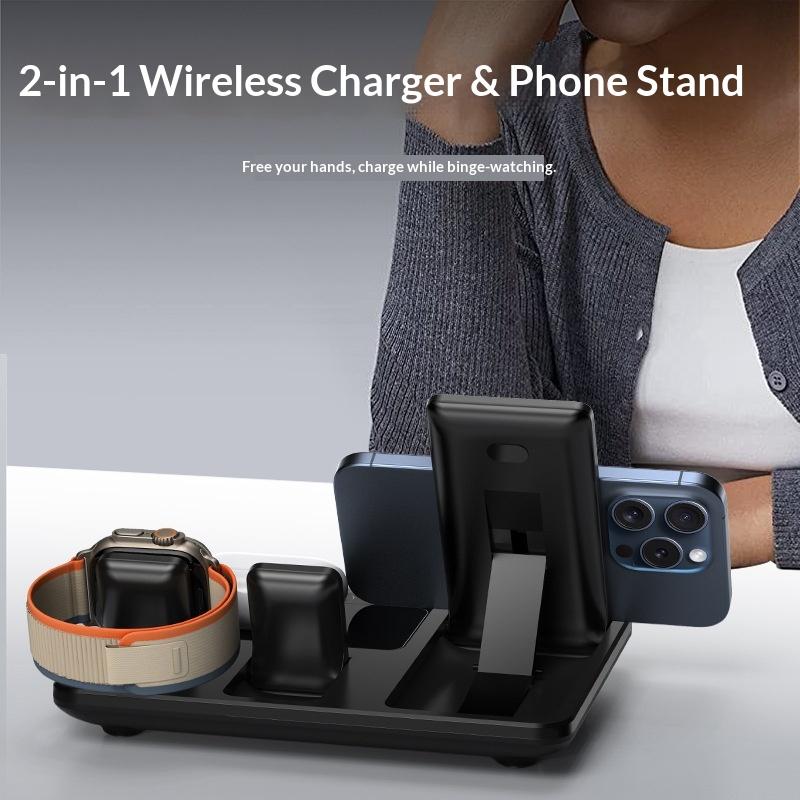 New 15W Wireless Charger Four-in-one Fast Charging Stand Clock Foldable Automatic Lifting for Mobile Phones Headphones Watches