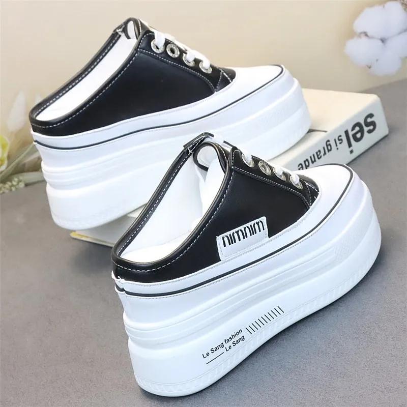 Fashion Lady Leather Without Heel Lazy Half Slipper Height Show Thin Fashion Wear Female Slipper Baotou Large Size Shoes Women Sandals