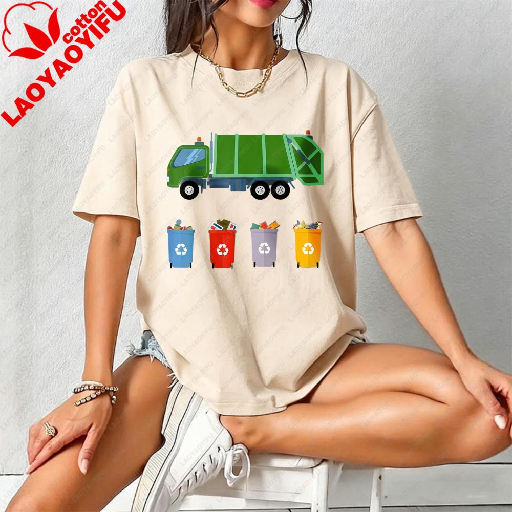 Funny Recycling Truck T-Shirt Recycling Symbols & Cartoon Trash Can Design Tee Environmental Graphic Tee Eco-Themed Apparel For