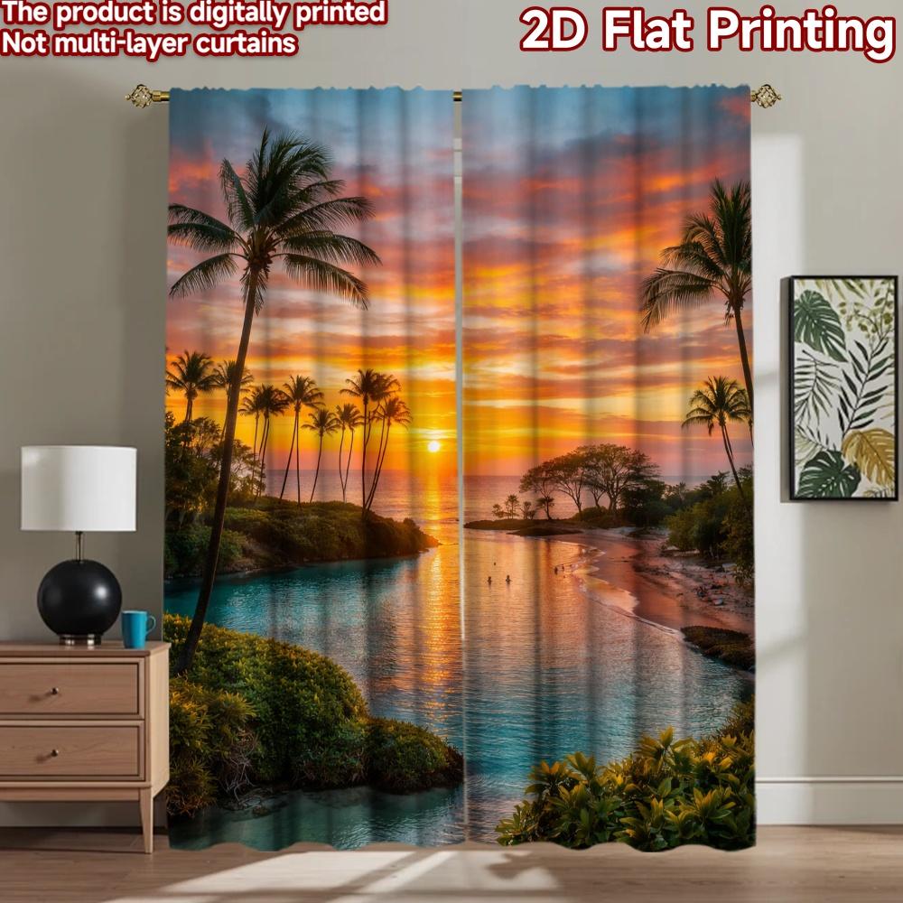 2D flat printing 2pcs Curtain Window Drapes Tropical Sunset Lagoon Digital Printed Polyester Drapes Festive Wall Decor for Home