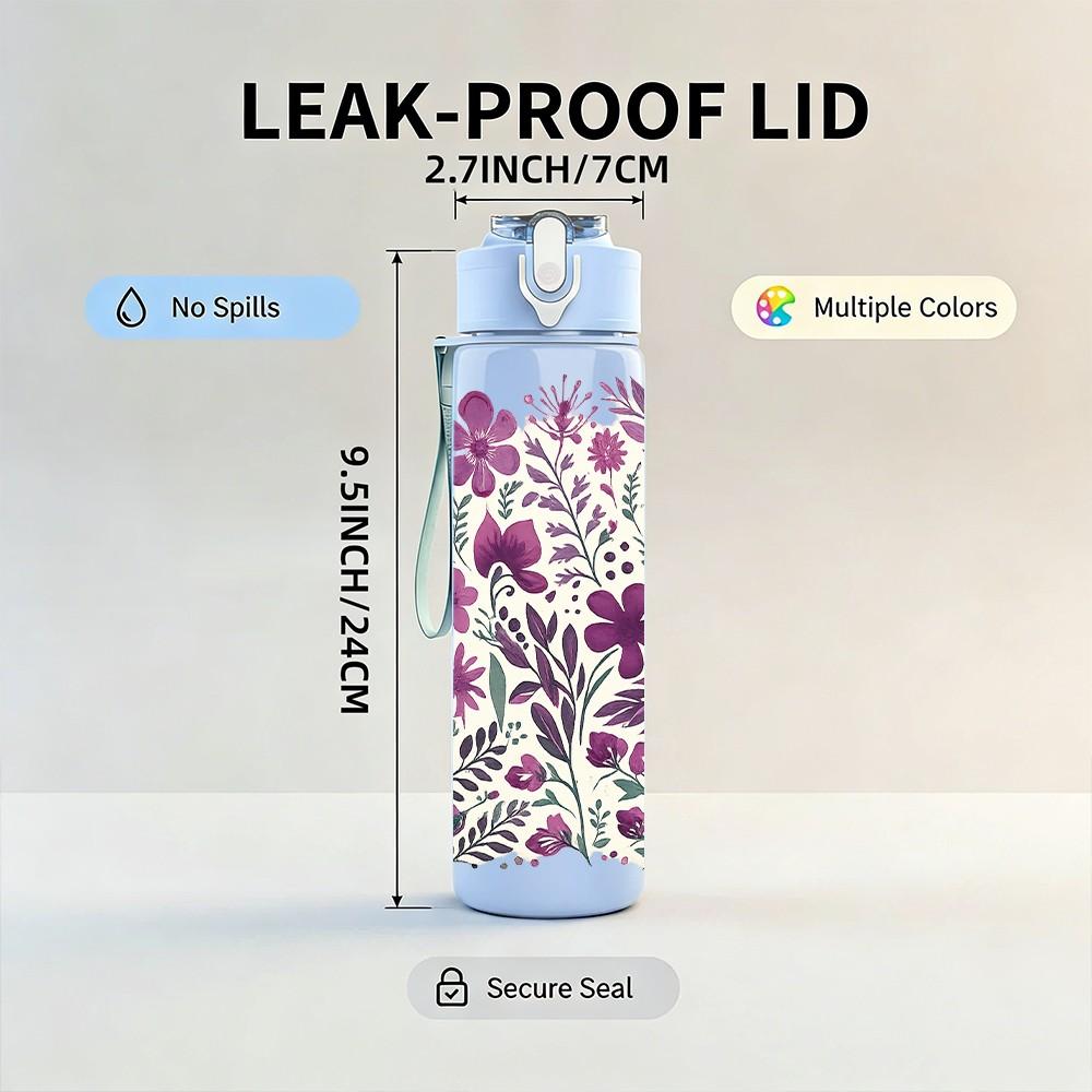 1PC Purple Lavender Floral Seamless Print 750ml Color Plastic Sports Water Bottle Leakproof Flip Straw Lid Suitable for Sports Office Home Use