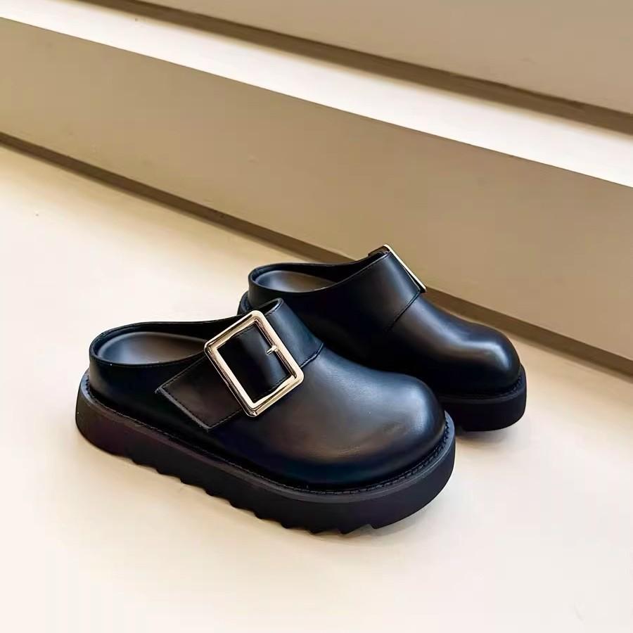 Hong Kong Style Golden Buckle Boken Shoes Big Head Sweet Cool Bag Head Half Slippers Women Wear Thick-soled Lazy Sandals In the Summer of 2024