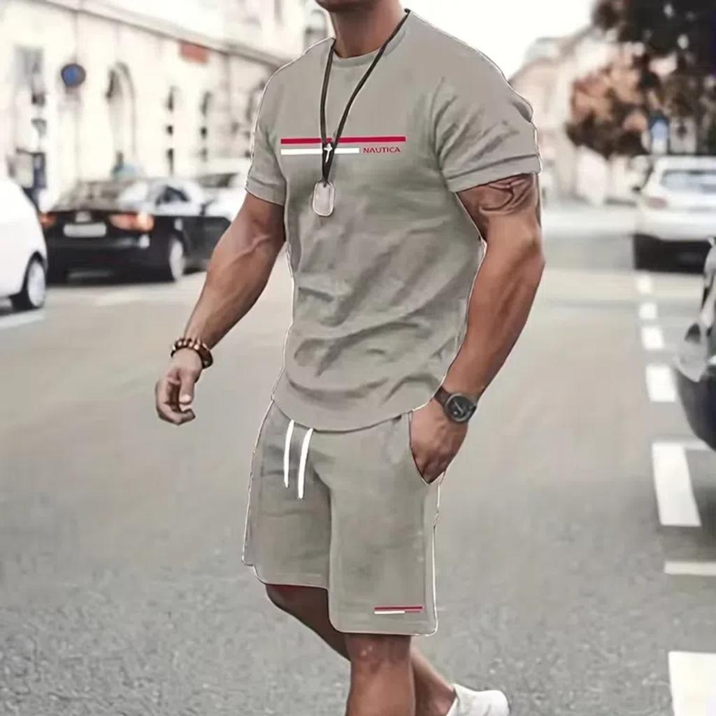 Летний уличный мужской костюм с короткими рукавами, повседневный, повседневный, модный, с короткими рукавами, для активного отдыха, спортивные шорты, новаторский полосатый принт