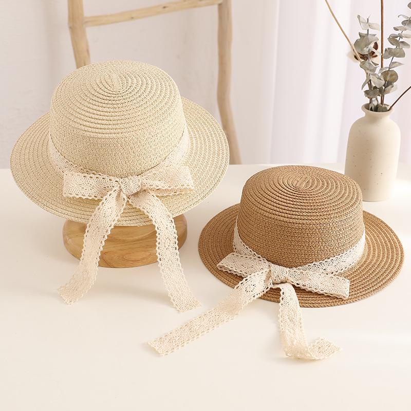 Baby Lace Bowknot Straw Hat Toddler Sun Hat Girls' Beach Hat British Style Top Hat Flat Top Sun Cap