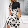 Women's Fashion Casual Belt Short Sleeve Round Neck Floral Elegant Temperament Dress