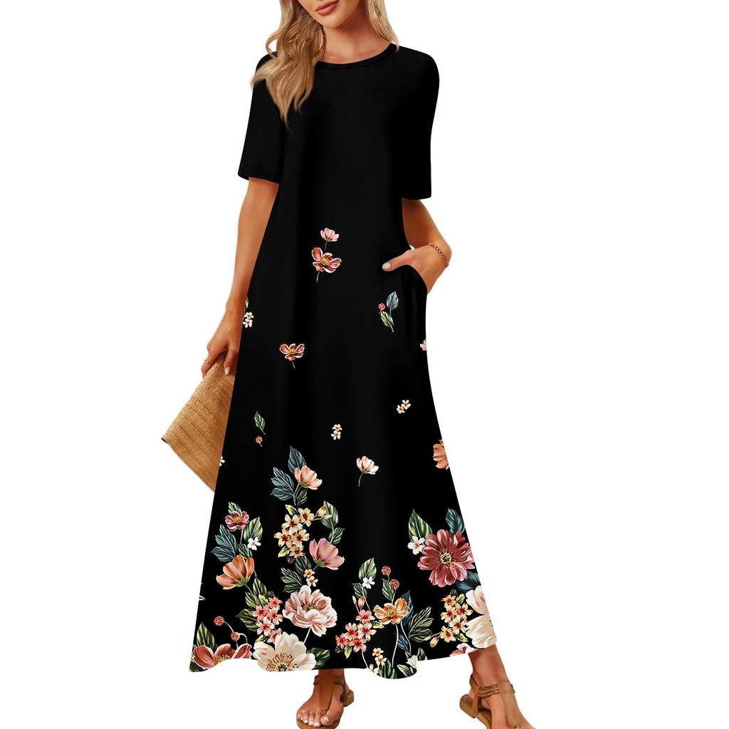 Women's Fashionable And Casual Long Beach Skirt Round Neck Short Sleeved Loose Retro Print Dress
