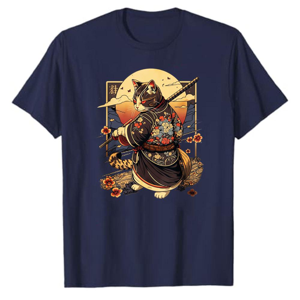 Samurai Cat ADHD Work Neat TShirt Funny Japanese Style Graphic Tee for Unisex Short Sleeve Casual Top Unique Parody Gift Present