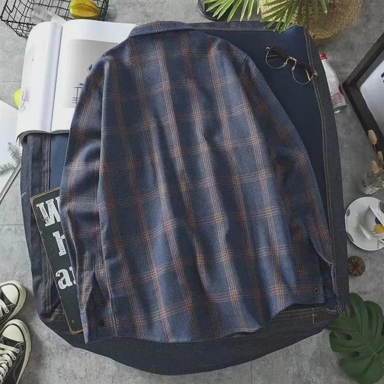 Рубашка унисекс с длинным рукавом в гонконгскую клетку: Модный, свободный крой, ретро-корейский стиль на все времена года