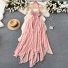 New Summer Fashion Sexy Halter Backless Beach Holiday Maxi Dresses Women Solid Irregular Chiffon Bohemian Clothes